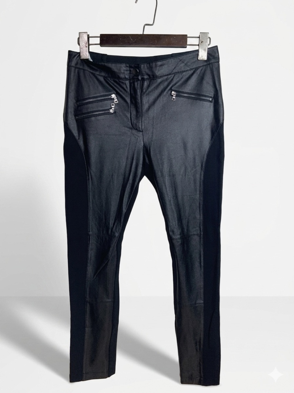 BCBGMAXAZRIA Black Faux Leather Paneled Moto Pants Size M Zip Detail